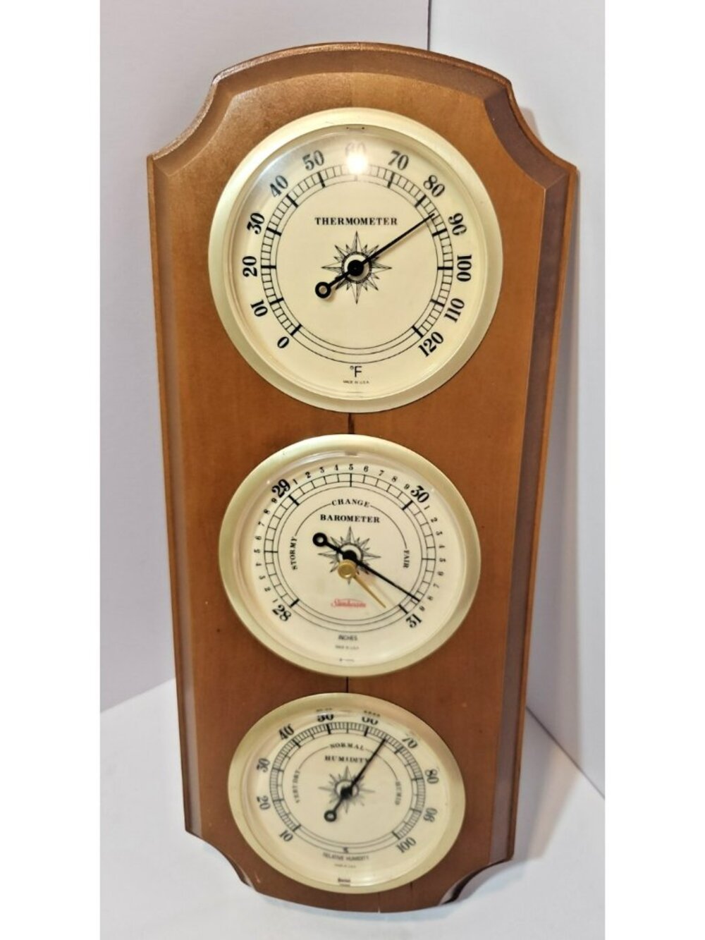 Vtg Sunbeam Wall Weather Station Thermometer Barometer Hygrometer Wood
